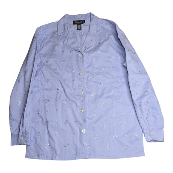 Vtg 1990s Denim & Co Periwinkle Blue Floral Eyelet Lace Button Up Shirt Jacket S - Picture 1 of 4